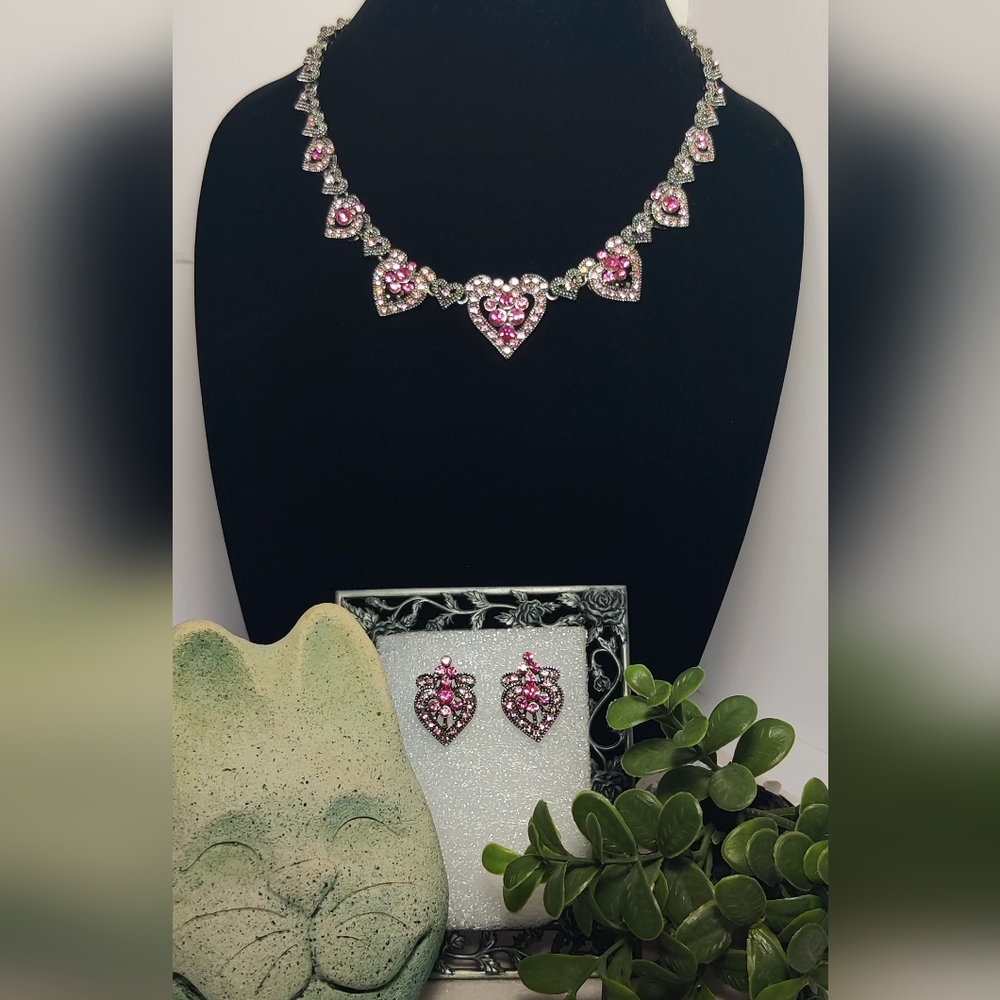 SS Pink Rhinestone Heart Statement Necklace/Earrings Set